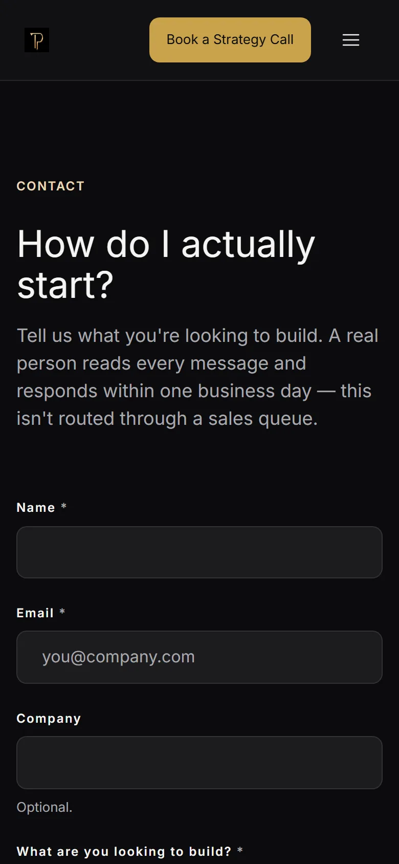 The contact form on a phone, with stacked fields and a full-width submit button.
